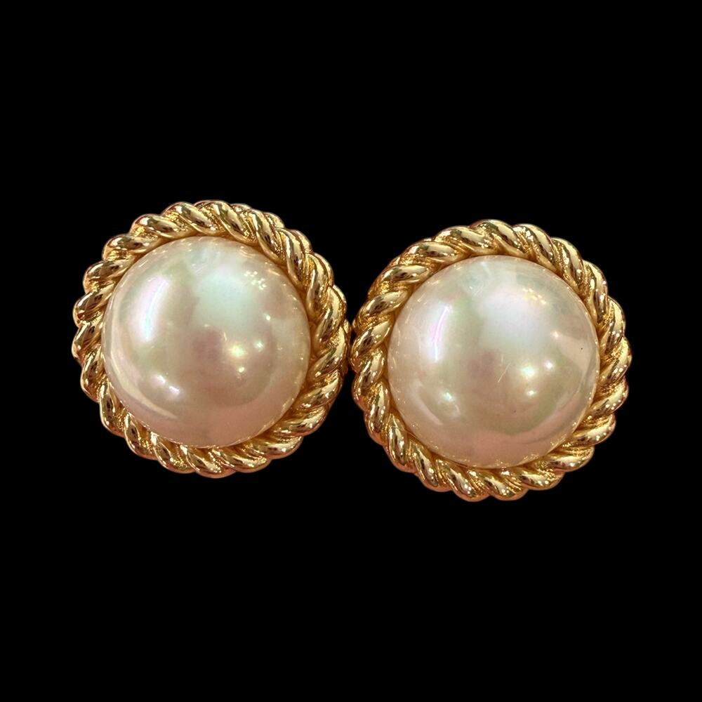 Christian Dior Vintage Faux Pearl Gold Tone Rope Clip On Earrings Signed